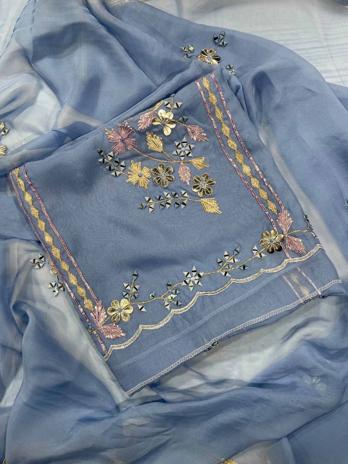 Blue Organza Unstitched Suit Salwar