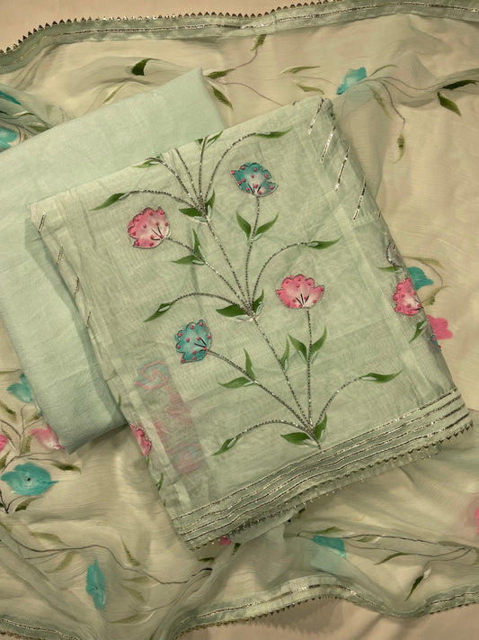 Sky Blue Chanderi Unstitched Salwar Suit