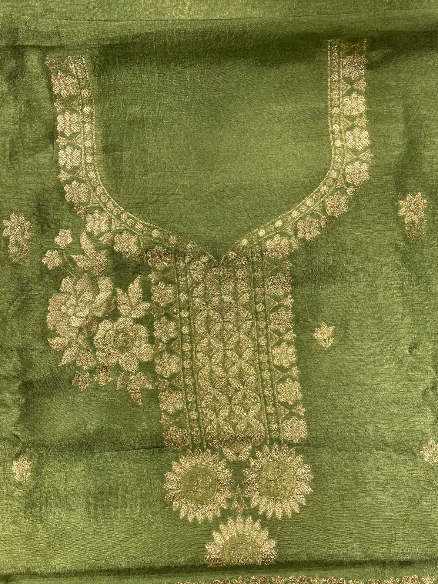 Green Banarsi Silk Unstitched Salwar Suit
