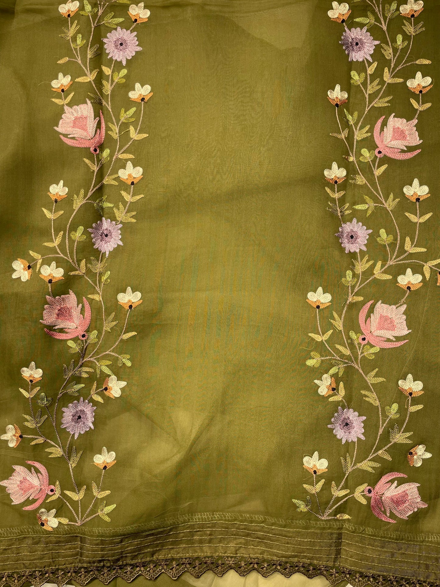 Green Kashmiri Aari Work Organza Unstitched Salwar Suit