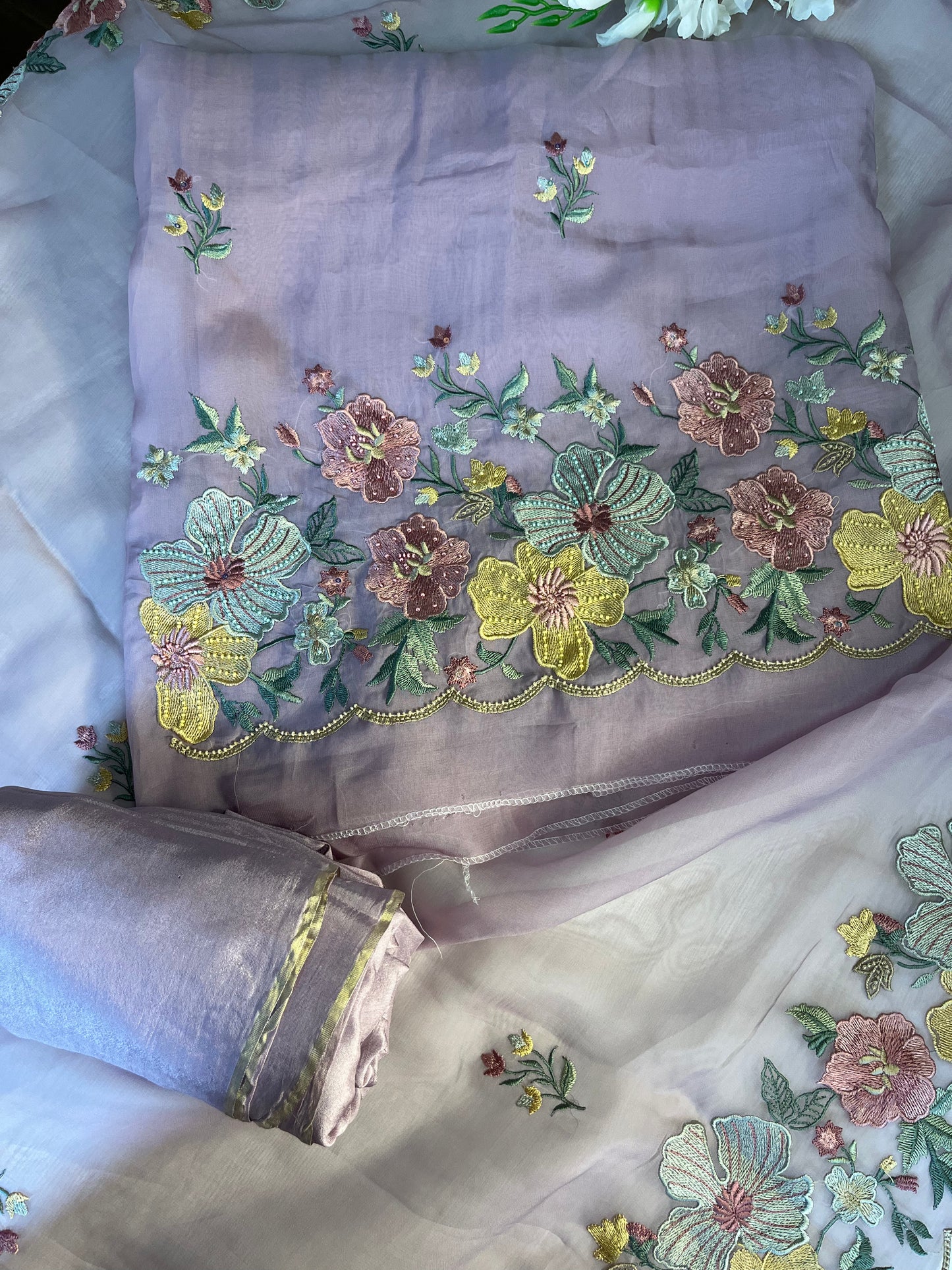 Lilac Color—Unstitched Suit—Parsi Work, Organza Fabric