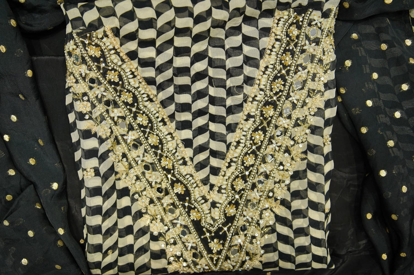 Black-White Organza Mirror-work Unstitched Salwar Suit