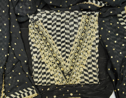 Black-White Organza Mirror-work Unstitched Salwar Suit