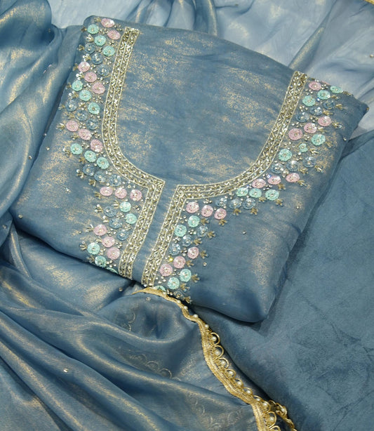 Blue Pure Shimmer Organza Unstitch Salwar Suit