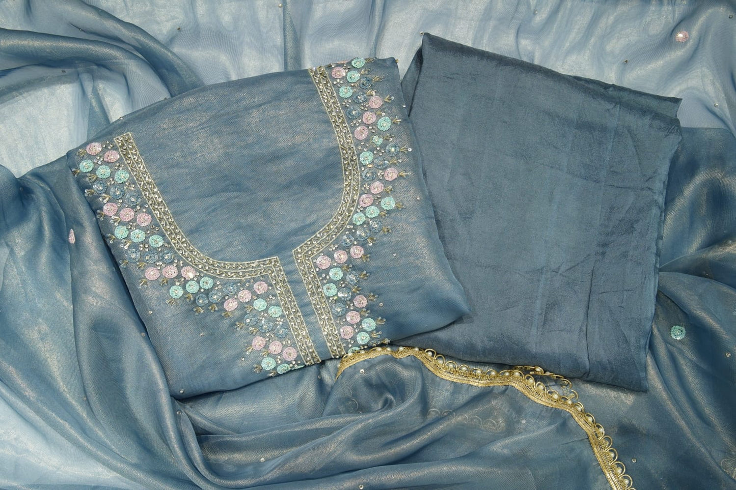 Blue Pure Shimmer Organza Unstitch Salwar Suit