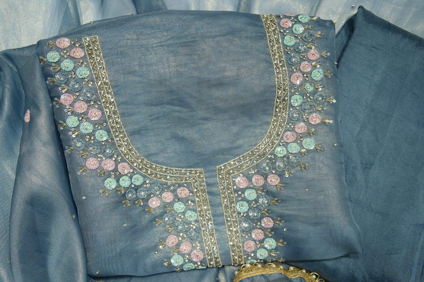 Blue Pure Shimmer Organza Unstitch Salwar Suit