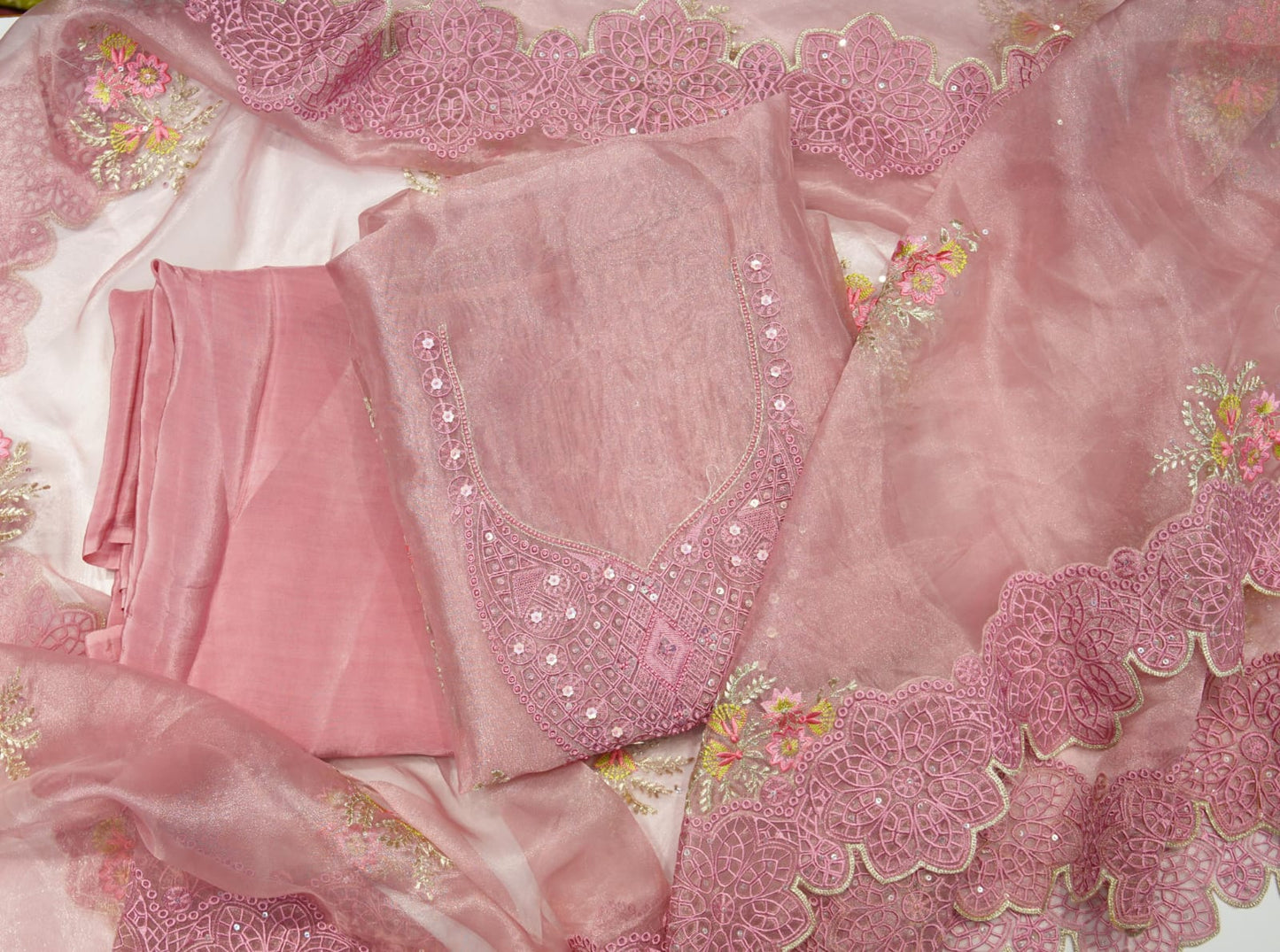 Pink Organza Threadwork Unstitched Salwar Suit