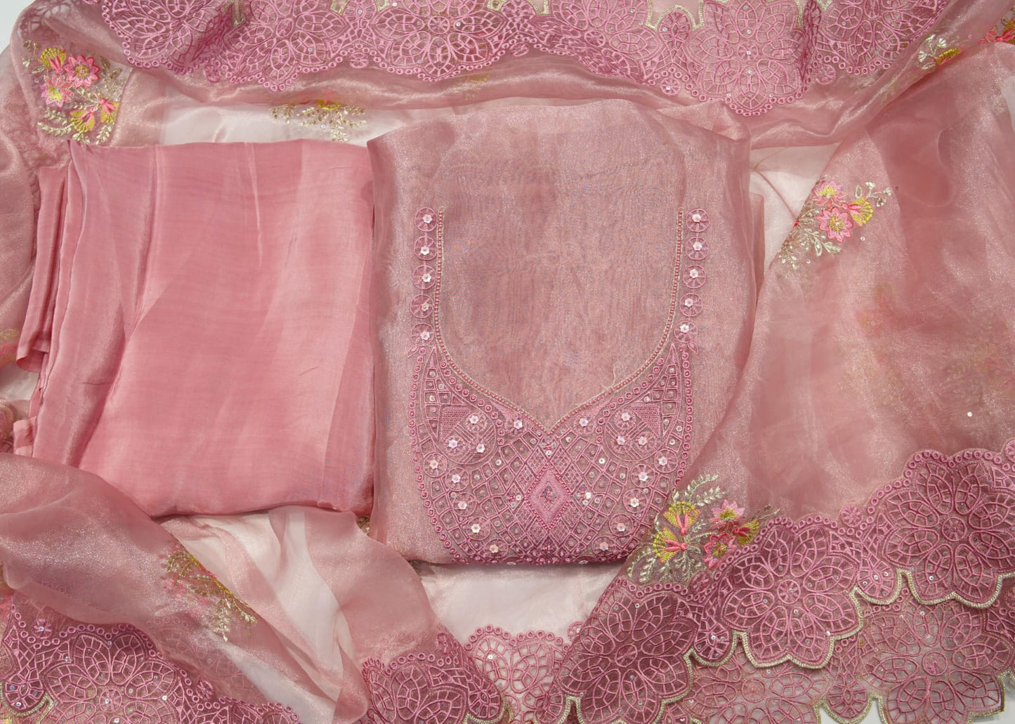 Pink Organza Threadwork Unstitched Salwar Suit