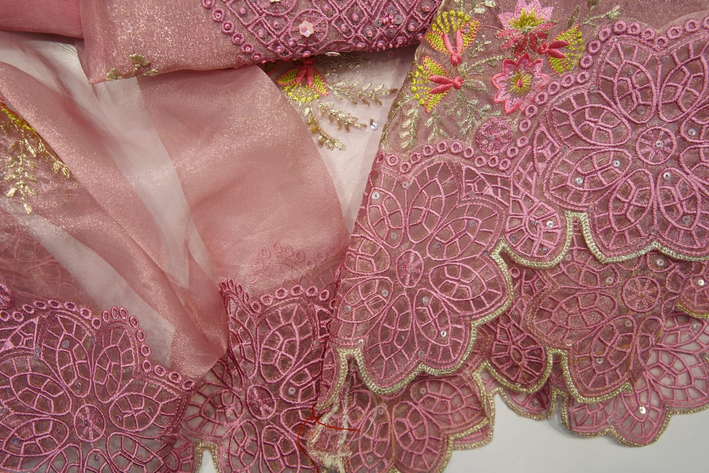 Pink Organza Threadwork Unstitched Salwar Suit