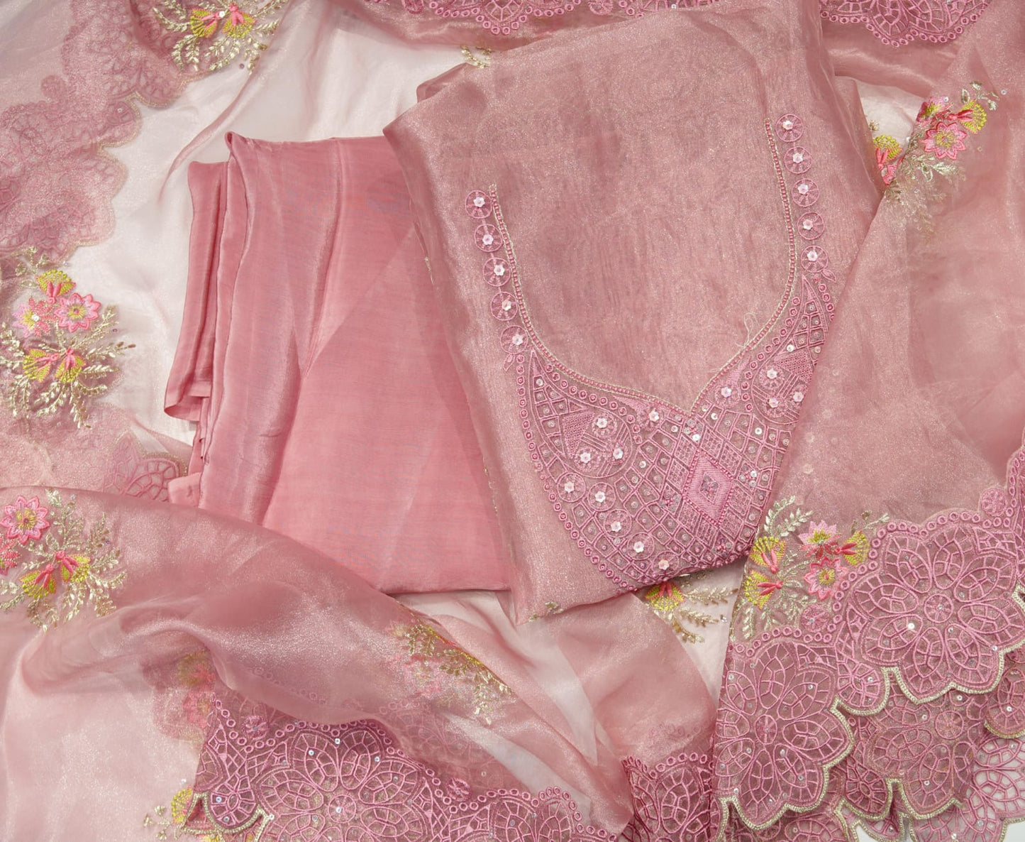 Pink Organza Threadwork Unstitched Salwar Suit