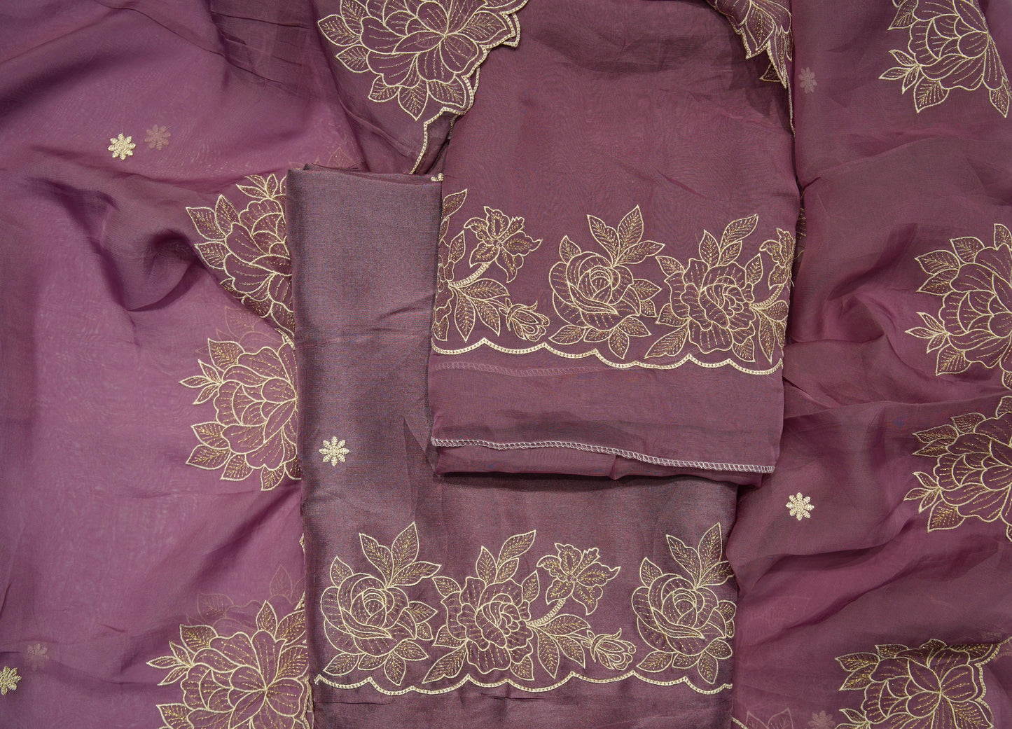 Onion Pink Organza Thread Work Unstitch Suits
