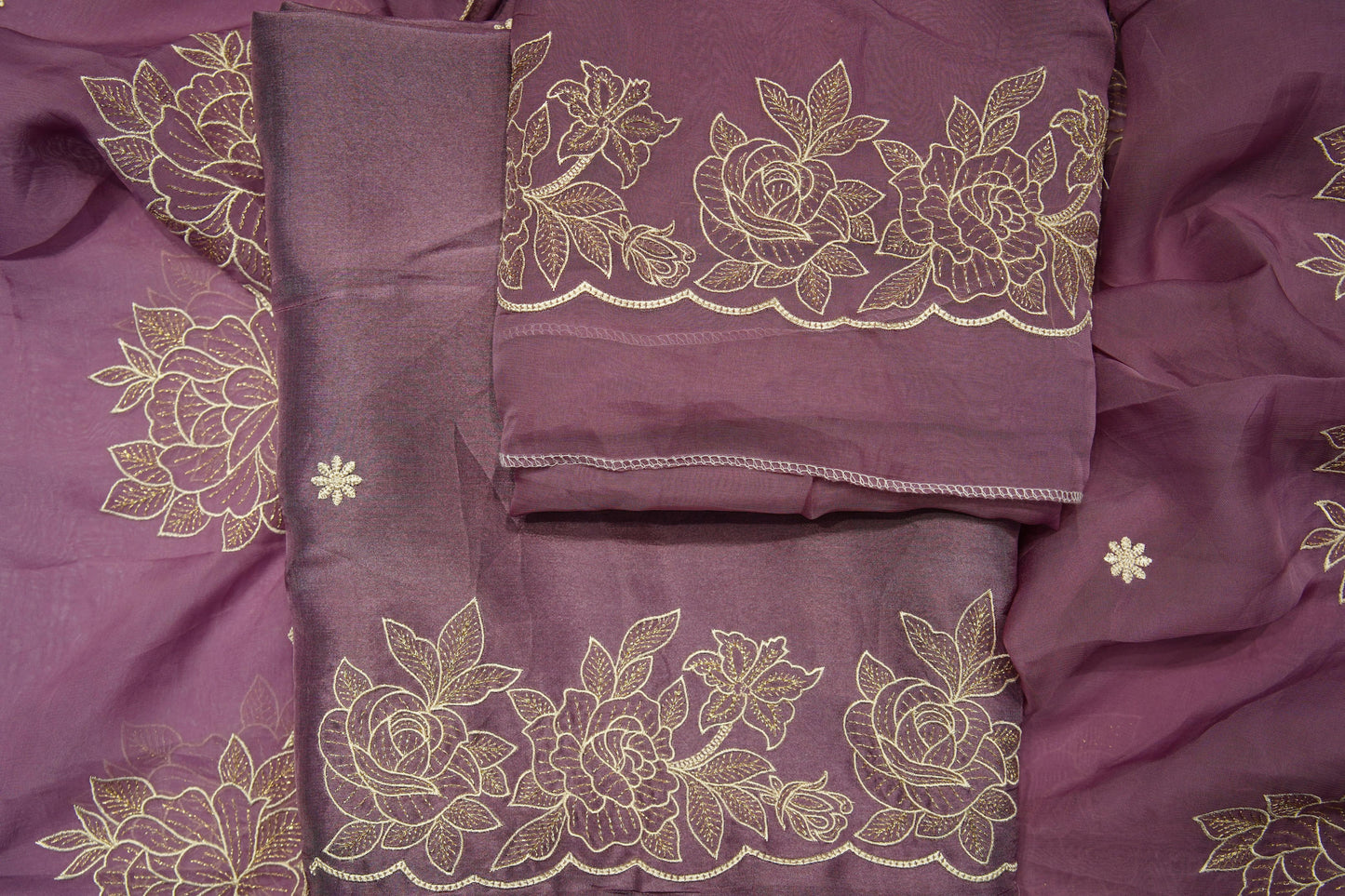 Onion Pink Organza Thread Work Unstitch Suits