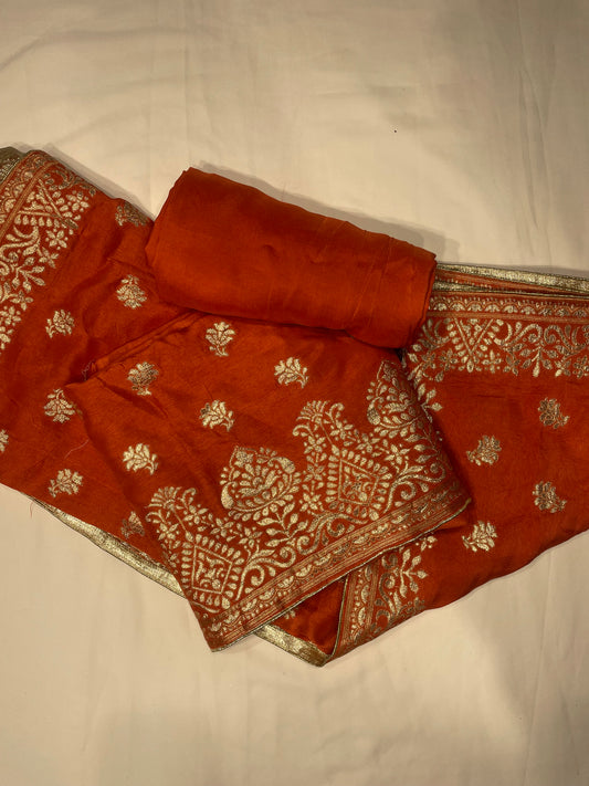 Orange Banarasi Unstitched Salwar Suit