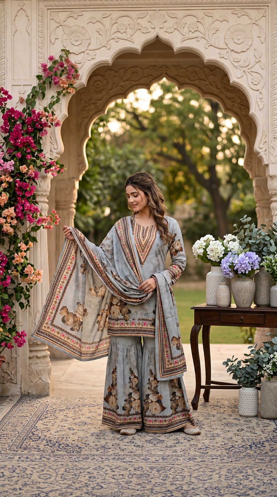 Grey Floral Embroidered Crepe Suit Set
