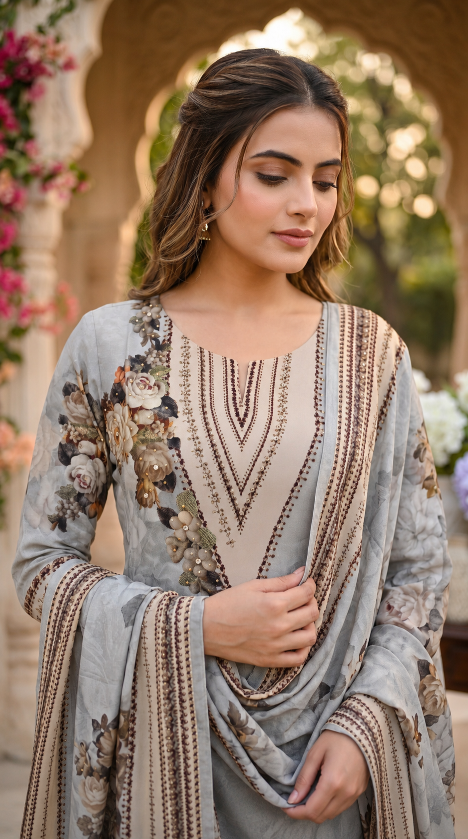 Grey Floral Embroidered Crepe Suit Set