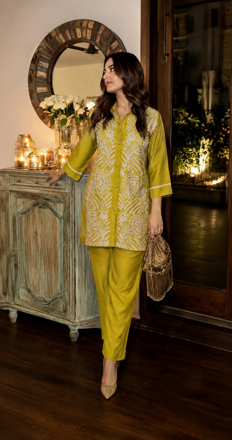 Olive Green Embroidered Shirt-Style Co-ord Set