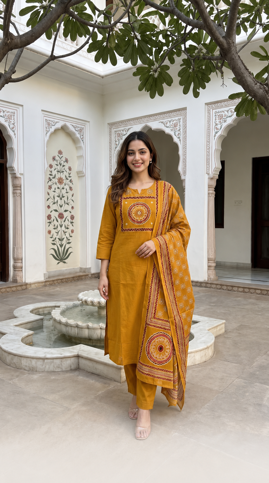 Mirror Work Embroidered Suit Set with Ajrakh Border Dupatta