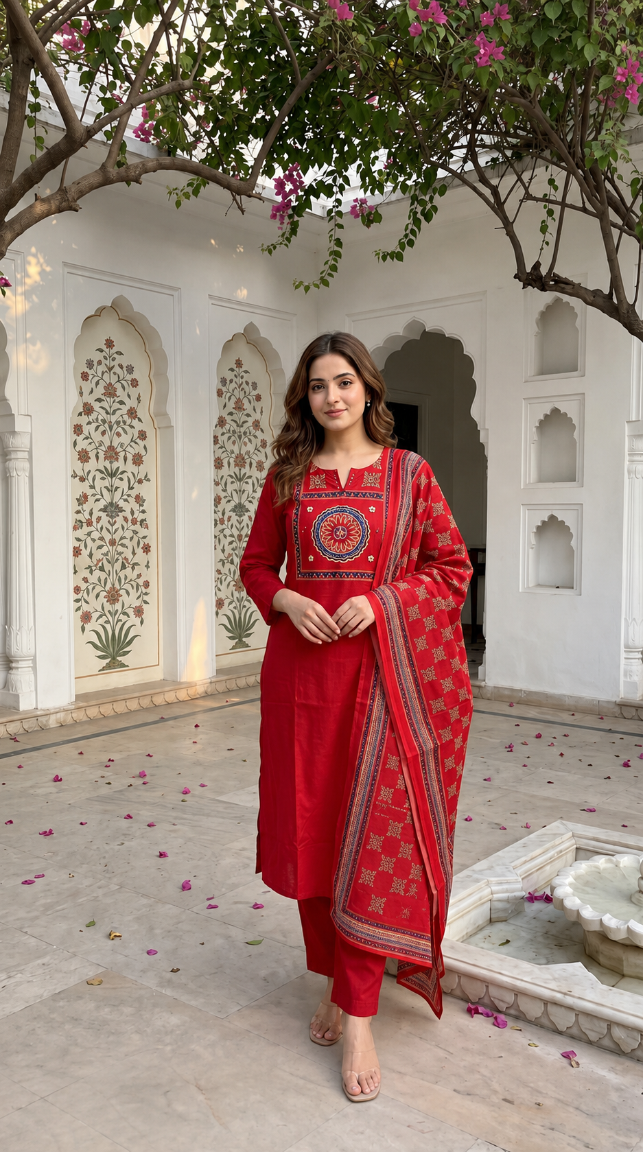 Mirror Work Embroidered Suit Set with Ajrakh Border Dupatta