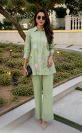 Pastel Green Floral Embroidered Shirt-Style Co-ord Set