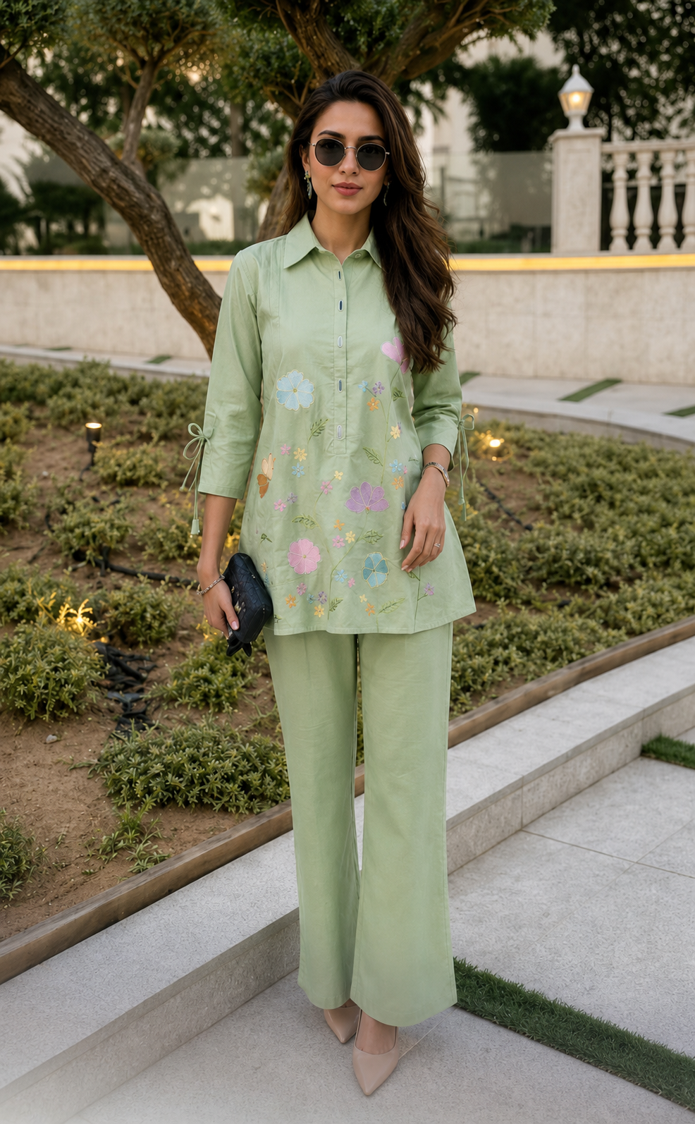 Pastel Green Floral Embroidered Shirt-Style Co-ord Set