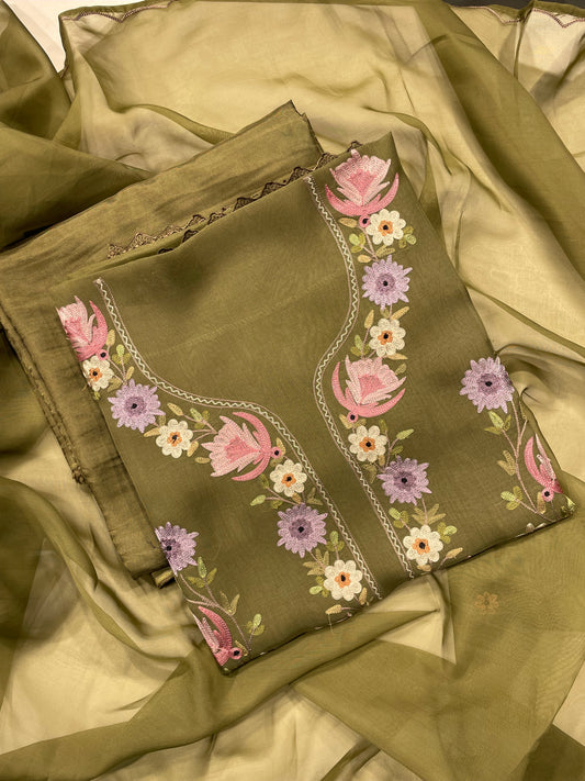Green Kashmiri Aari Work Organza Unstitched Salwar Suit