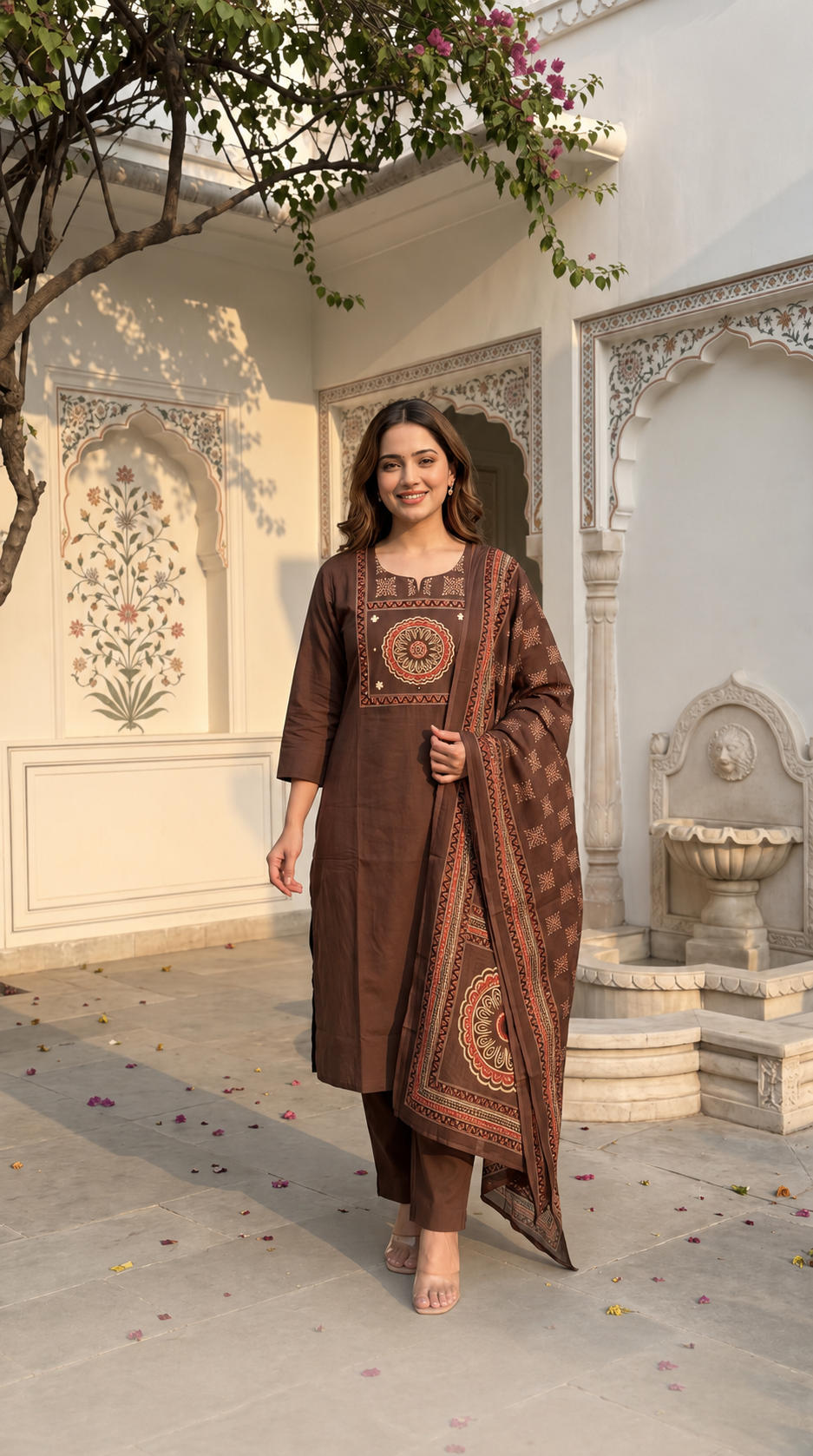 Mirror Work Embroidered Suit Set with Ajrakh Border Dupatta