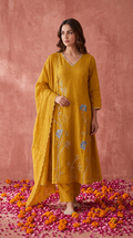Mustard Mul Chanderi Hand Embroidered Suit Set With Cutwork Dupatta