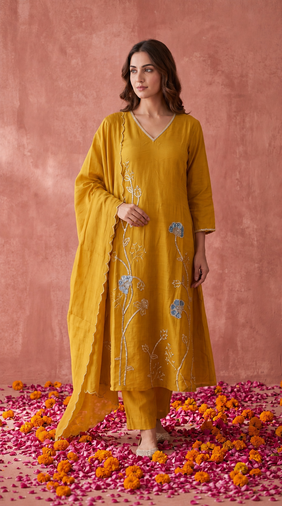 Mustard Mul Chanderi Hand Embroidered Suit Set With Cutwork Dupatta
