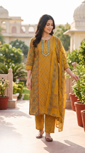 Mustard Printed Cotton Suit Set with Mirror Work Yoke