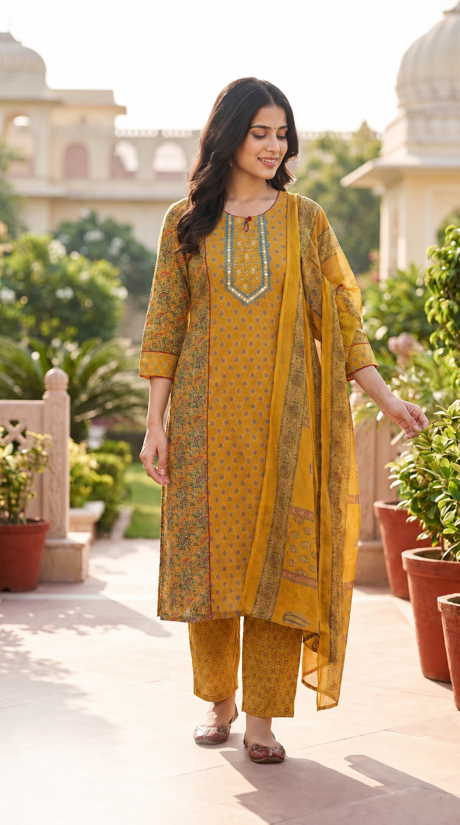 Mustard Printed Cotton Suit Set with Mirror Work Yoke