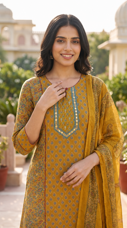 Mustard Printed Cotton Suit Set with Mirror Work Yoke