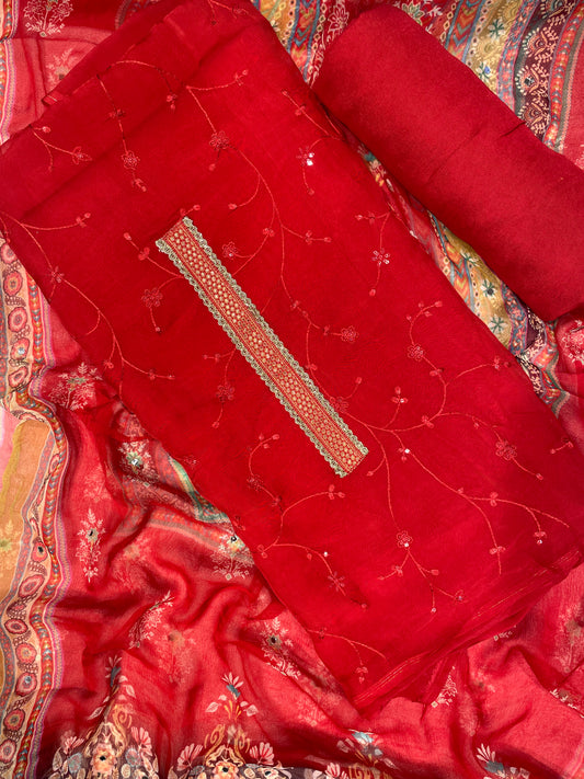 Red Orgenza Unstitched Salwar Suit