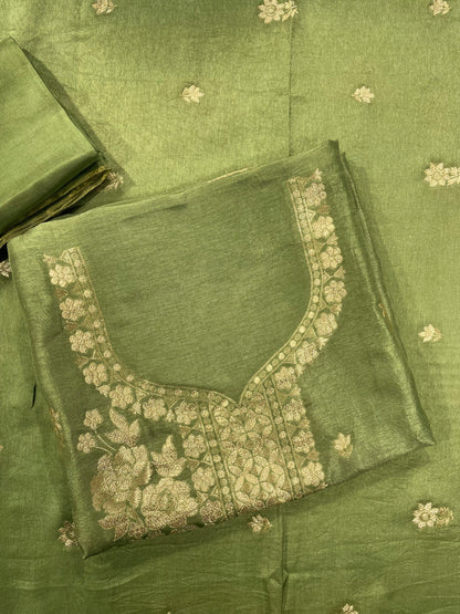 Green Banarsi Silk Unstitched Salwar Suit