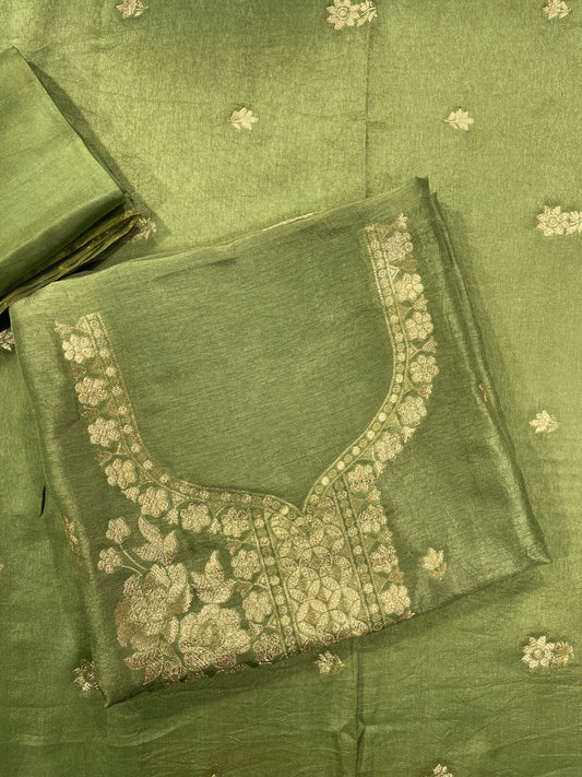 Green Banarsi Silk Unstitched Salwar Suit