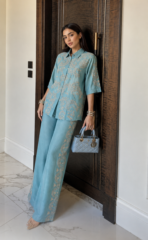 Teal embroidered pure cotton co-ord set with wide-leg palazzo pants and gold embroidery detailing