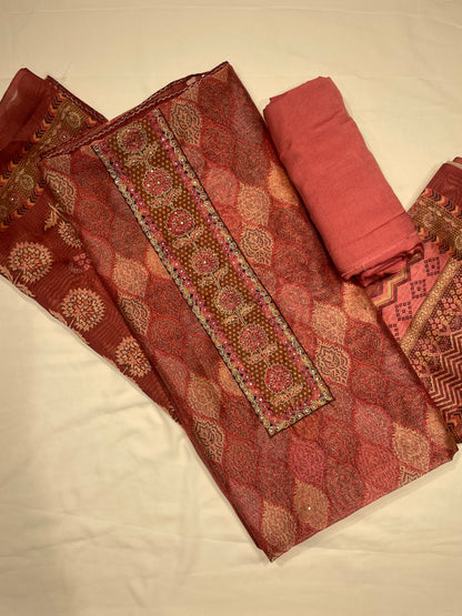 Chanderi pink Printed Unstitched Salwar Suit