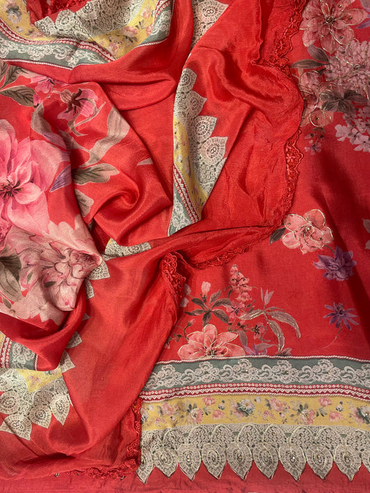 Red Handloom Silk Unstitched Salwar Suit