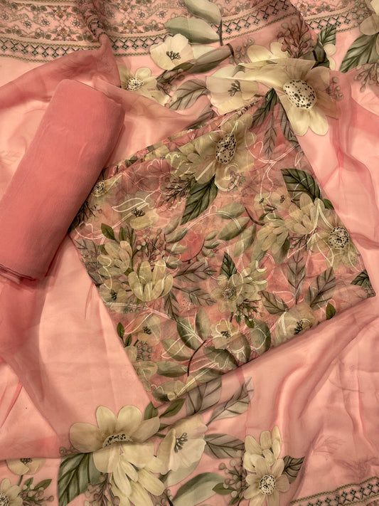 Pink Printed Pure Georgette Aari work Unstitched Salwar Suit