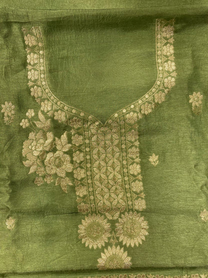 Green Banarsi Silk Unstitched Salwar Suit