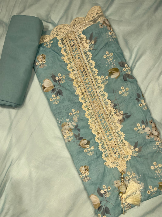 Sky Blue Printed Cotton Unstitched Salwar Suit