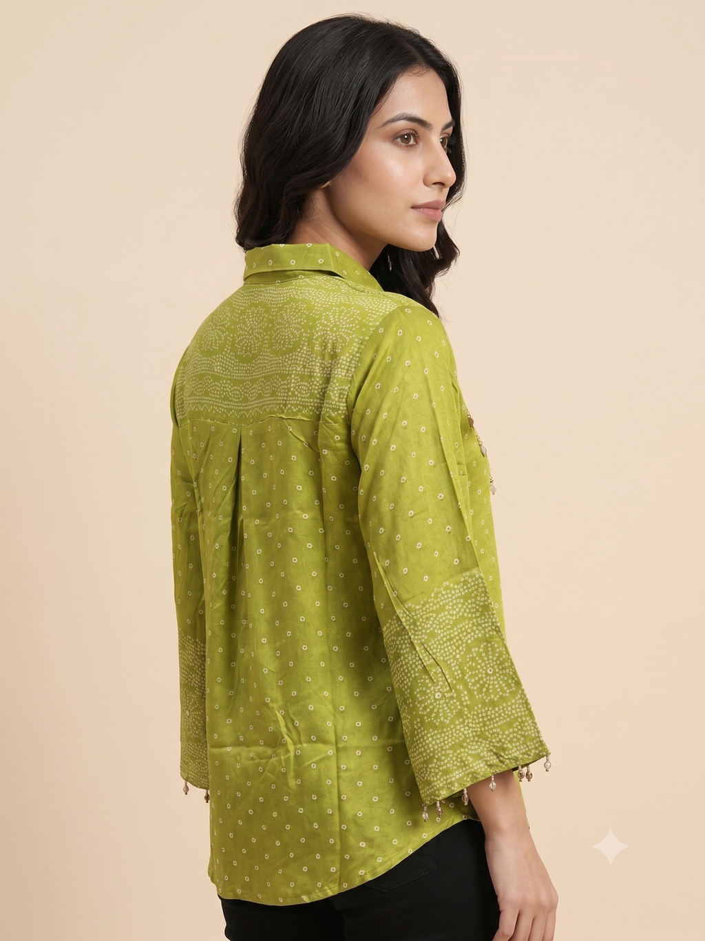 Olive Green Bandhani Print Satin Shirt & Flared Sleeves.