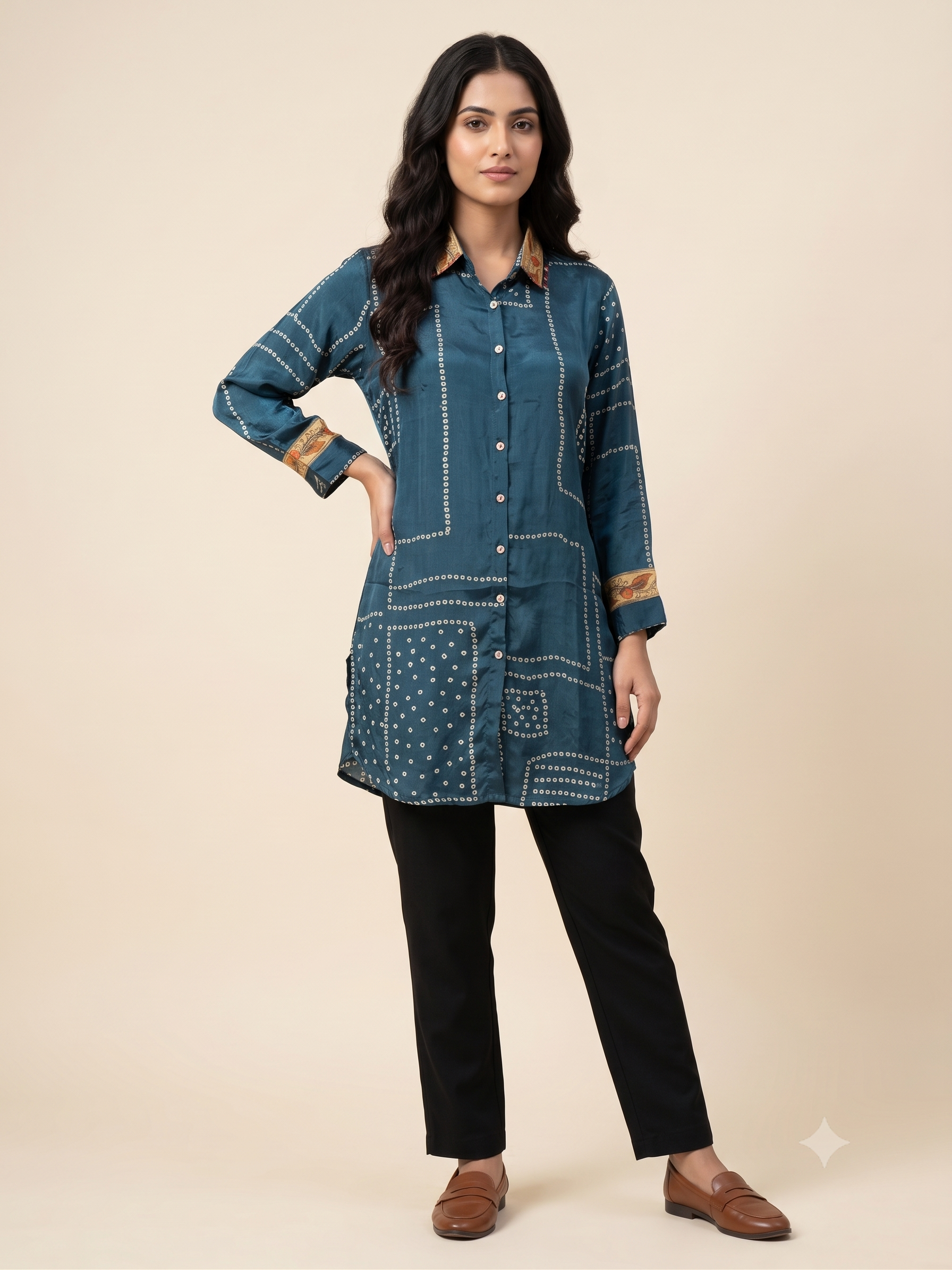 Women’s Blue Printed Crepe Indo-Western Tunic Top with Shirt Collar & Printed Trim