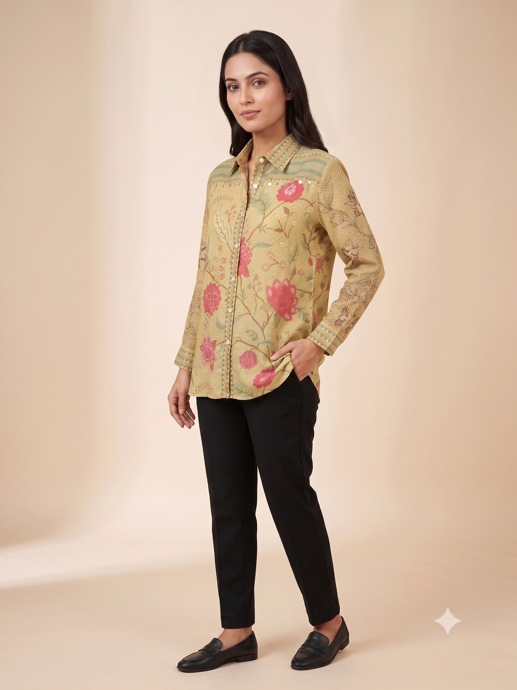 Earthy Floral Crape Tunic Shirt with Charm Detail
