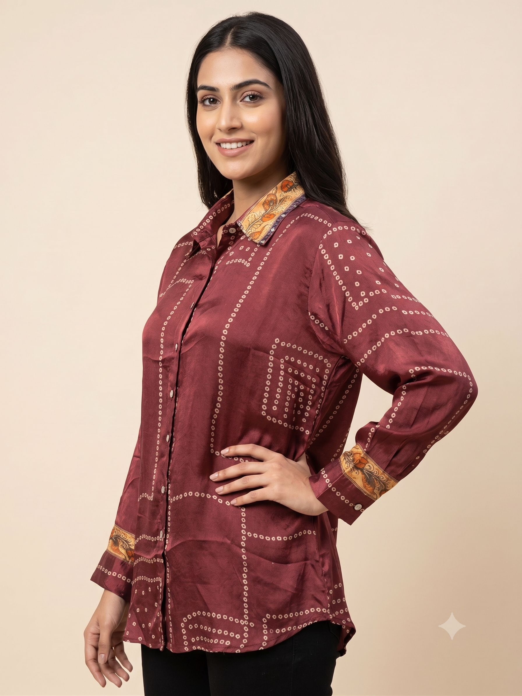 Maroon Printed Crape Indo-Western Shirt