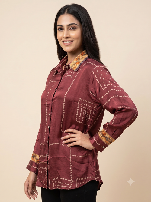 Maroon Printed Crape Indo-Western Shirt