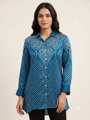 Women's Crape Bandhani Printed Indo-Western Tunic Top