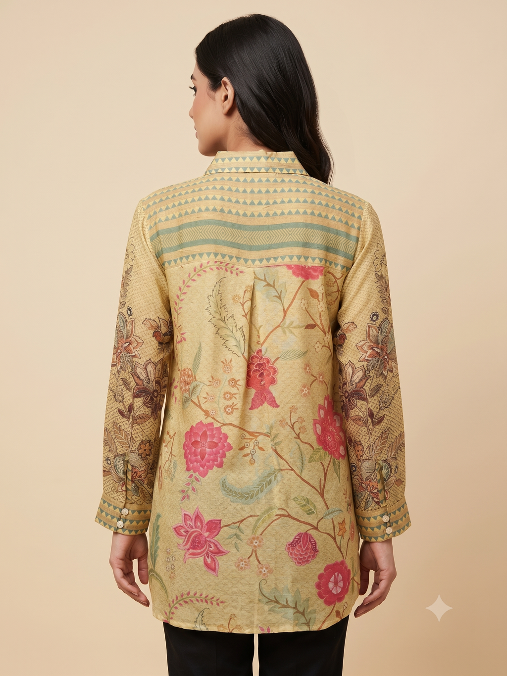 Earthy Floral Crape Tunic Shirt with Charm Detail