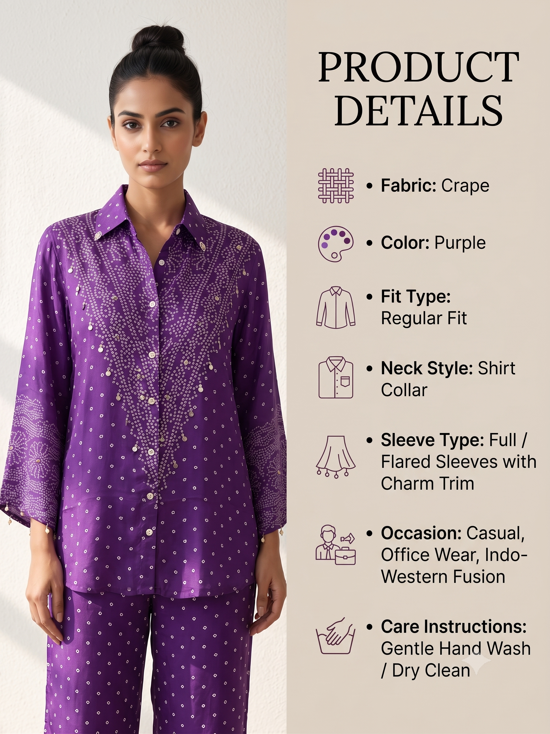 Purple Bandhani Print Crape Tunic Shirt with Charm Trim