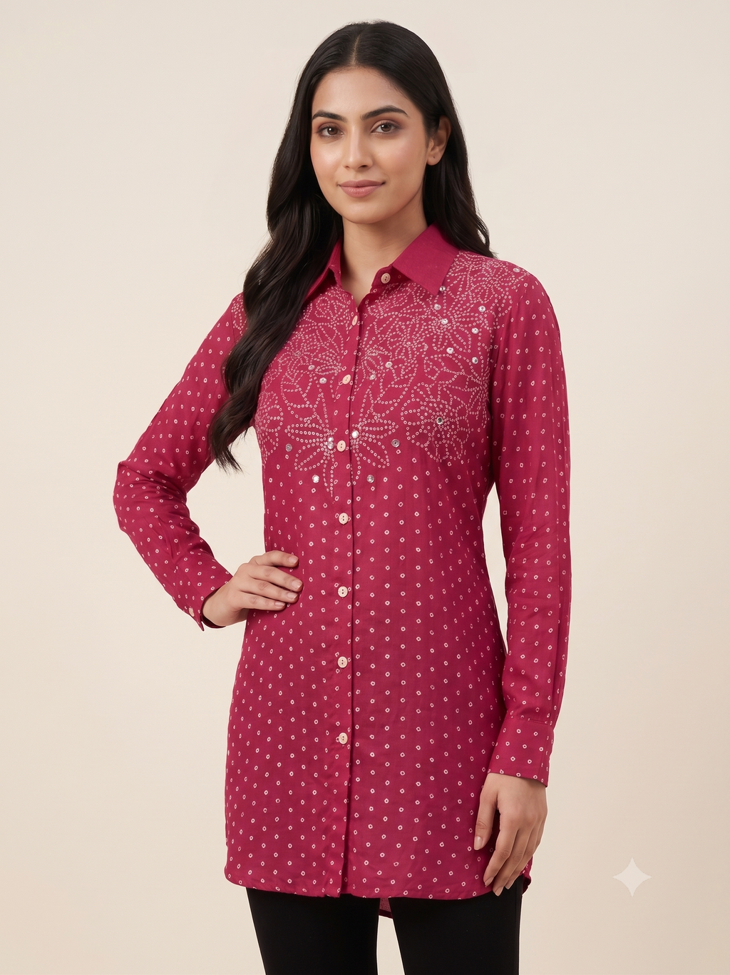 Fuchsia Pink Bandhani Printed & Sequined Crape Shirt Tunics