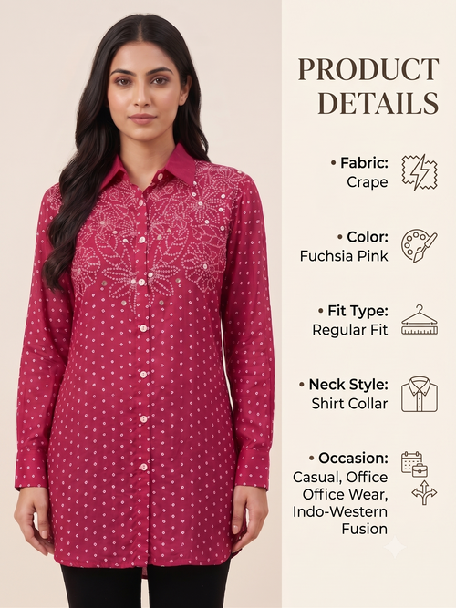 Fuchsia Pink Bandhani Printed & Sequined Crape Shirt Tunics